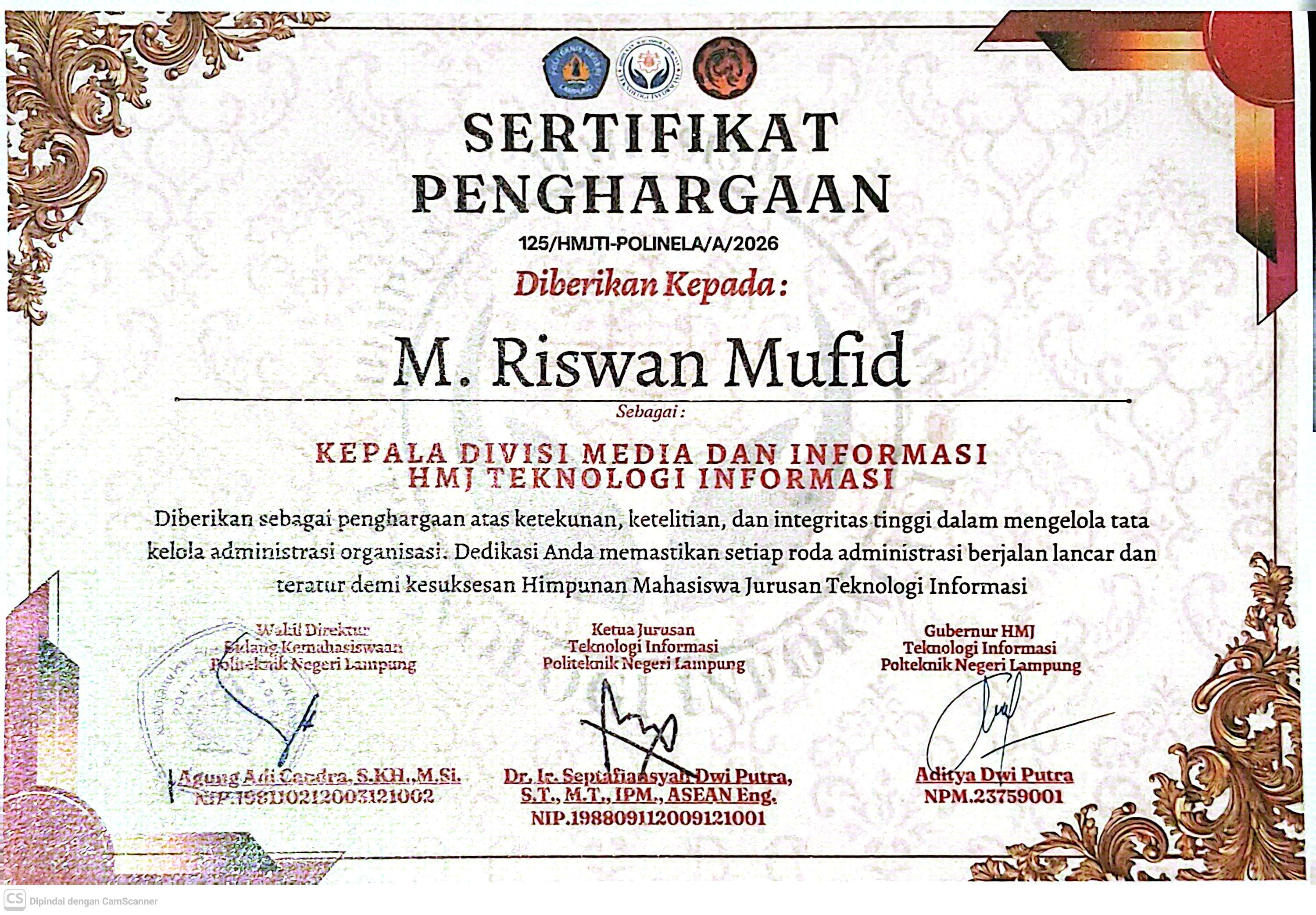 Sertifikat Kepengurusan HMJ Teknologi Informasi — Muhammad Riswan Mufid